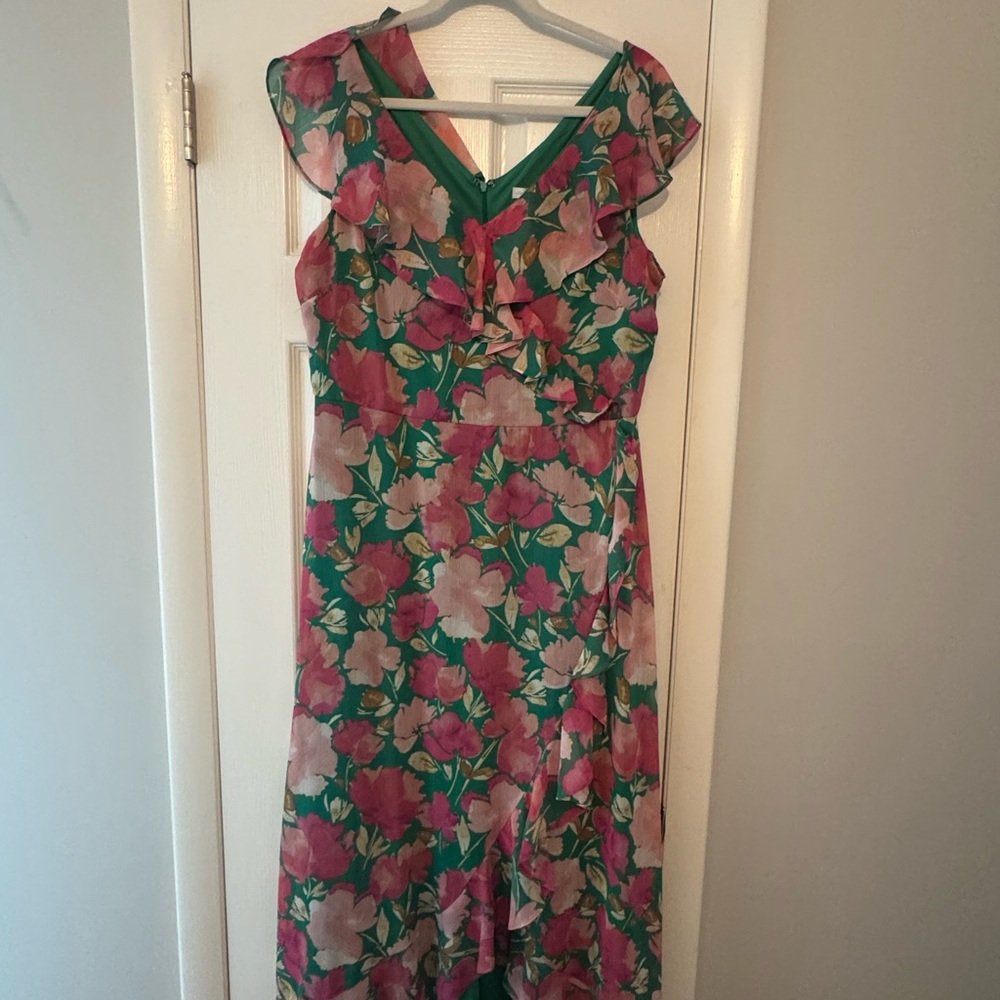 London Times Green and Pink Floral High Low Dress